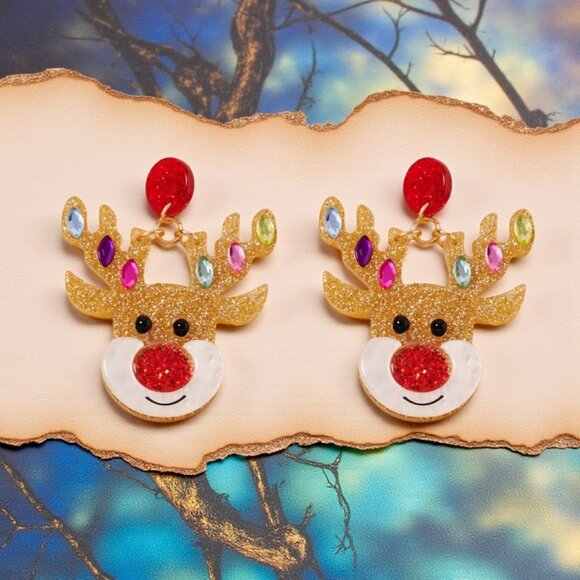 🆕Christmas Holiday Reindeer Head Novelty Earrings Glittery Rhinestone Dangle - Picture 7 of 14